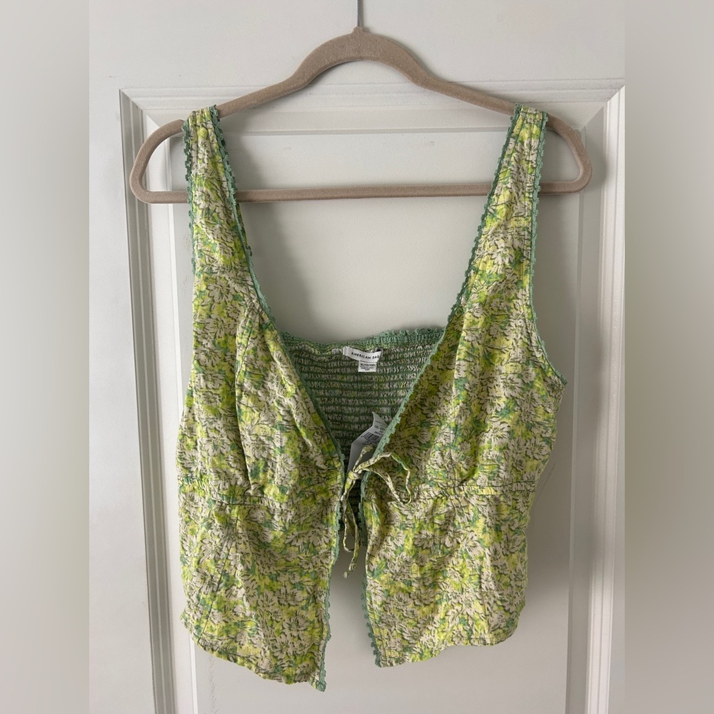 American Eagle Outfitters Green Floral Tie-Front Tank